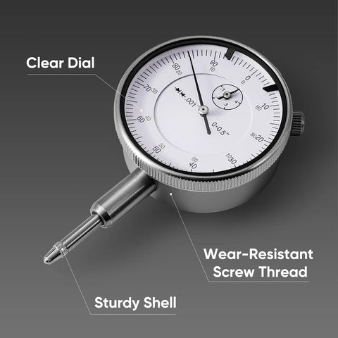 Dial indicator bore gauge with white clear dial and metal shell, 2–6 in range, 0.001 in accuracy.