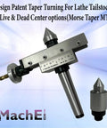 Pro Grade Taper Turning System For Lathe Tailstock With Live Center And Dead Center Options Built Tough From Premium Castings And Tool Steel Compatible With Morse Tapers MT1 To MT4 Ideal For MT2 Lathe Setups, showing tool with measurement scale and live center.