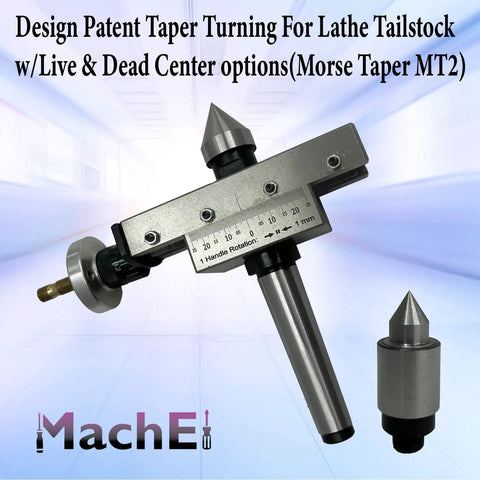 Pro Grade Taper Turning System For Lathe Tailstock With Live Center And Dead Center Options Built Tough From Premium Castings And Tool Steel Compatible With Morse Tapers MT1 To MT4 Ideal For MT2 Lathe Setups, showing tool with measurement scale and live center.