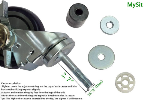 4 Inch Work Table Caster Wheels With Locking Brakes For Stainless Steel Prep Tables Expanding Stem Casters Set Of 4 To Fit One And One Half Inch And One And Five Eighths Inch Leg Tubes Ball Bearing Swivel With Rubber Top Compression Fitting components and installation instructions.