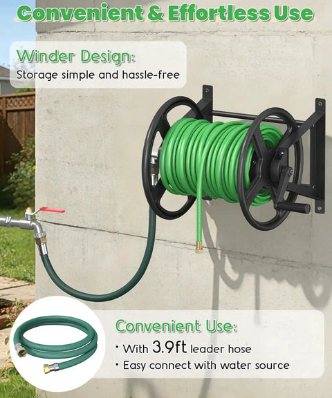 Heavy Duty Wall Mounted Garden Hose Reel With One Hundred Twenty Five Feet Of Five Eighths Inch Capacity Includes Three Point Nine Feet Leader Hose And Brass Connector Hose Holder Winder And Storage Rack For Yard Lawn Farm Black shown mounted on a wall.