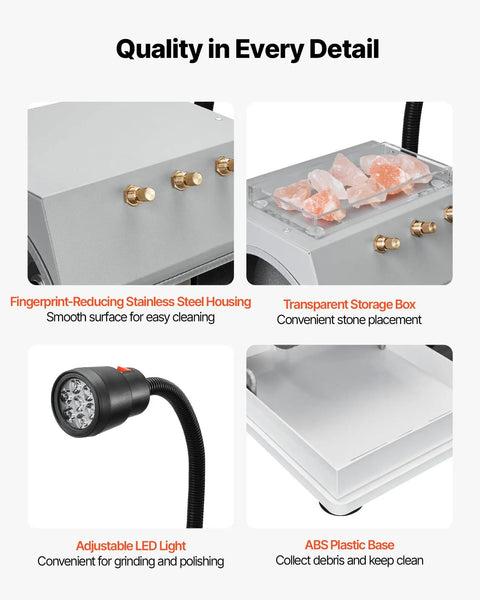 Detail view of Eight Inch Cabbing Machine For Gemstones And Lapidary Polishing showing stainless housing and LED light