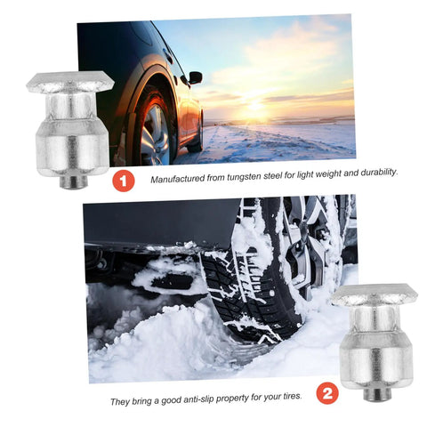 Premium Tungsten Winter Tire Studs Pack Badass Traction And Hella Grip On Icy Snow Roads Smooth Bolt On Installation Heavy Duty Anti Skid Spike Anchors For Pickup Trucks Suv Vans 50 Piece with tire on snowy road.