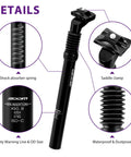 Details of Coil Spring Suspension Seatpost 27.2 X 350 Mm with adjustable saddle clamp, shock absorber spring, waterproof features.
