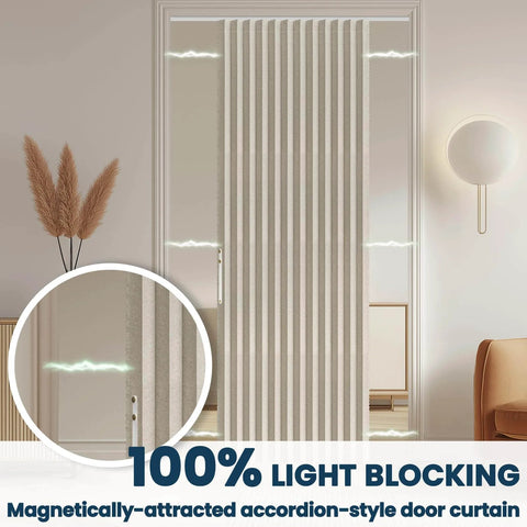 100 Percent Blackout Accordion Door Curtain For Sliding Glass Doors, cream white panel installed with magnetic panels