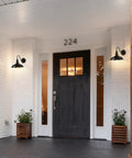 Gooseneck Barn Lights Indoor Black Farmhouse Wall Sconces 2 Pack Rustic Industrial Wall Mount Lighting For Warehouse Front Door Porch Garage Entryway Set illuminating a front porch.