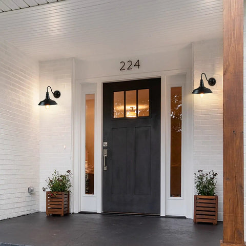 Gooseneck Barn Lights Indoor Black Farmhouse Wall Sconces 2 Pack Rustic Industrial Wall Mount Lighting For Warehouse Front Door Porch Garage Entryway Set illuminating a front porch.