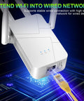 Long Range Home WiFi Extender Delivers 15888 Sq Ft Coverage Beats 55 Devices Mesh Ready Repeater 1 Tap Setup Beats Dead Zones Powerful Signal Booster For Fast Reliable Internet Throughout Your Home showing Ethernet port and glowing network cable for wired connection