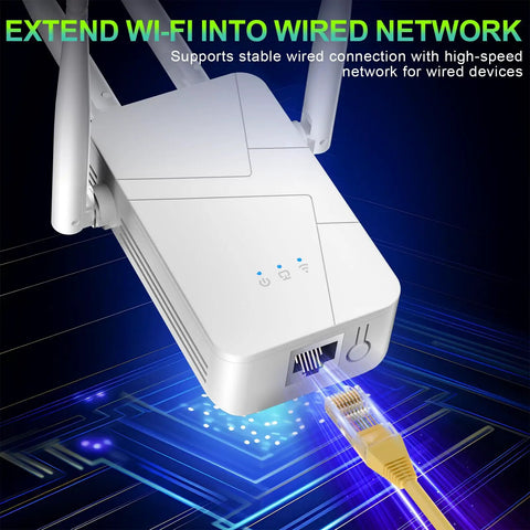Long Range Home WiFi Extender Delivers 15888 Sq Ft Coverage Beats 55 Devices Mesh Ready Repeater 1 Tap Setup Beats Dead Zones Powerful Signal Booster For Fast Reliable Internet Throughout Your Home showing Ethernet port and glowing network cable for wired connection