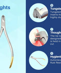 Orthodontic Distal End Wire Cutter With Large Handle, Tungsten Carbide Inserts And Safety Lock, Great For Thick Wires on blue background.