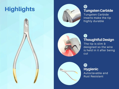 Orthodontic Distal End Wire Cutter With Large Handle, Tungsten Carbide Inserts And Safety Lock, Great For Thick Wires on blue background.