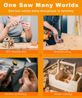 Collage image showing uses of Do-It-All 69-Piece Jewelry Making Polisher Kit With Flex Shaft Mini Table Saw Bench Grinder Sander And Buffing Tool