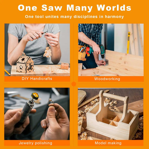 Collage image showing uses of Do-It-All 69-Piece Jewelry Making Polisher Kit With Flex Shaft Mini Table Saw Bench Grinder Sander And Buffing Tool