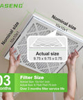 Person installing 10x10x1 HVAC air filter with actual size 9.75x9.75x0.75 inches, showing nominal size and 3-month lifespan.