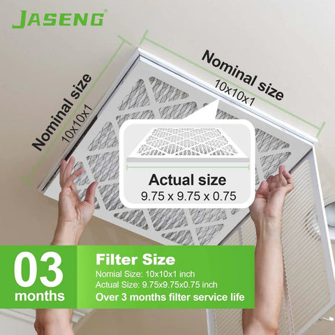 Person installing 10x10x1 HVAC air filter with actual size 9.75x9.75x0.75 inches, showing nominal size and 3-month lifespan.