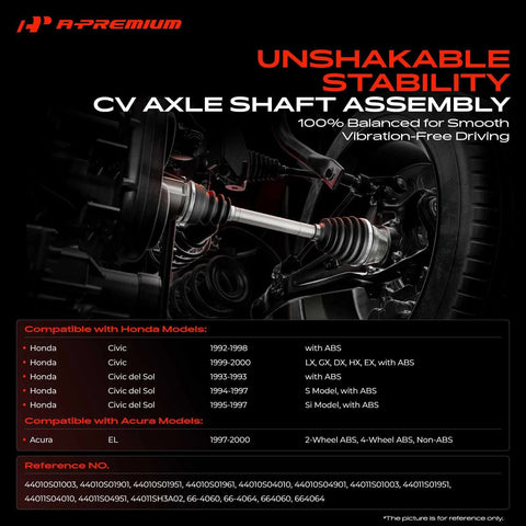 Pair Of Front CV Axle Shaft Assemblies For Honda Civic 1992 2000 And Civic Del Sol 1993 1997 And Acura EL 1997 2000 Driver And Passenger Side Easy Install For ABS Or Non ABS Vehicles Durable Replacement installed view showing axle connection