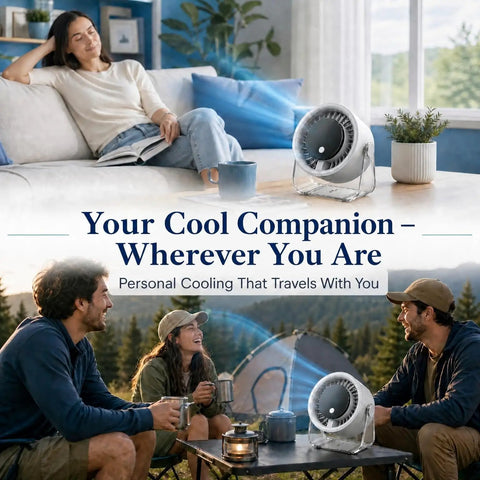 Chill Portable Desk Fan With 199 Speed Settings for personal cooling at home, shown on sofa and camping for outdoor use.