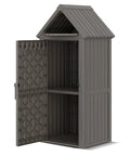 All Weather Outdoor Resin Storage Cabinet With Removable Shelves Lock Ring And Reinforced Floor shown open