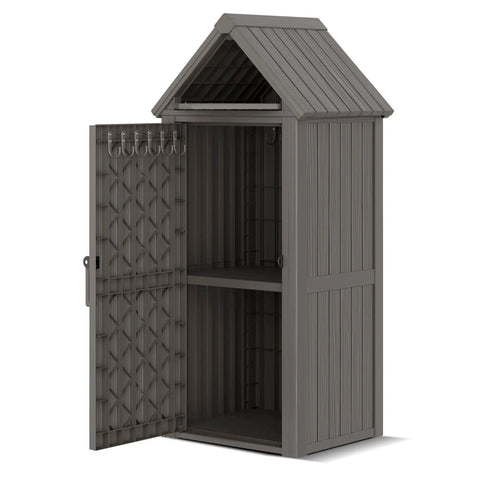 All Weather Outdoor Resin Storage Cabinet With Removable Shelves Lock Ring And Reinforced Floor shown open