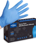 Heavy Duty Nitrile Exam Gloves 6 Mil Blue Disposable Latex Free Powder Free With Textured Grip, box with glove on hand