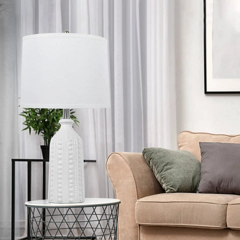 Set Of 2 White Ceramic Table Lamps 24.5 Inches Tall 3 Way Dimmable Bedside Lights With White Drum Shade Modern Nightstand Lamps For Bedroom Or Living Room Bulbs Included