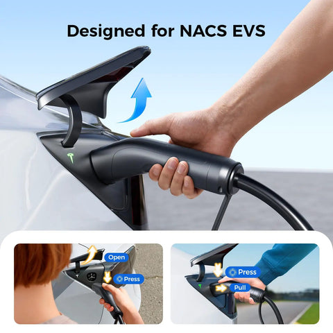 Tesla Portable Electric Vehicle Charger Level 1 And Level 2 Mobile Wall Connector With 16A Adjustable Amperage And Smart Timer Cord For Cybertruck Model 3 Y And Plug And Play Charging installation process showing hand holding the connector.