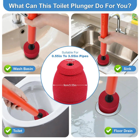 Image showing High Pressure Air Toilet Plunger With Flexible Drain Snake for unclogging sinks, toilets, and floor drains.