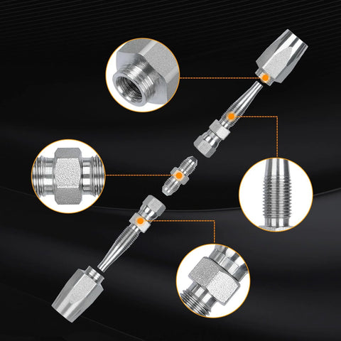 Exploded view of 3-pack reusable hydraulic hose repair kit with 1/4–1/2 in fittings; metal adapters and nuts.