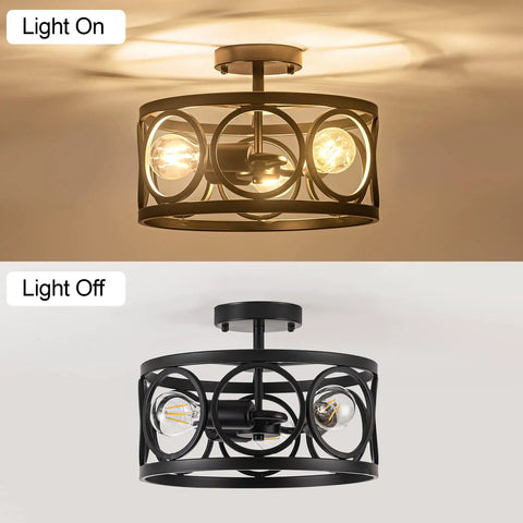 Three Light Semi Flush Mount Ceiling Fixture In Black Metal Farmhouse Chandelier light on and off showing modern drum design