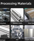 Image showing various steel and metal types including spring steel, stainless, mold steel, 45# steel, P20, and copper aluminum.