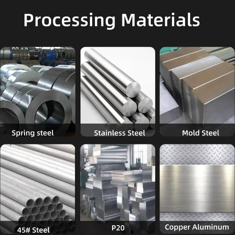Image showing various steel and metal types including spring steel, stainless, mold steel, 45# steel, P20, and copper aluminum.