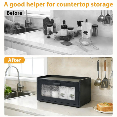 Before and after kitchen countertop with Big Ol Stackable Pine Wood Bread Box With Patterned Acrylic Door For Kitchen Countertop Vintage Style Bread Bin Pantry Organizer For Sourdough Bagels And Snacks Easy Assembly Black.