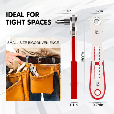 22-In-1 Magnetic Ratchet Screwdriver Set with Reversible Wrench and Bits shown in a tool belt for tight spaces repairs