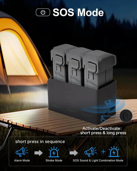 Ultra Portable 100W Drone Power Station With 27000mAh Battery in SOS Mode on outdoor table by a tent