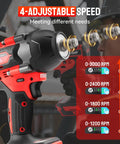 Heavy Duty Cordless Impact Wrench With Half Inch Drive Featuring A Brushless Motor And Legit 1106 Foot Pound Torque showing adjustable speed settings.