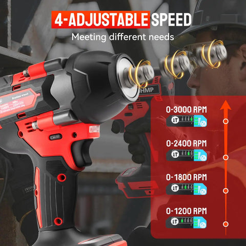 Heavy Duty Cordless Impact Wrench With Half Inch Drive Featuring A Brushless Motor And Legit 1106 Foot Pound Torque showing adjustable speed settings.
