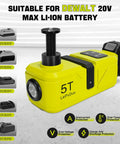 Cordless 5 Ton Hydraulic Floor Jack With 220W Motor LED Light And Remote For Easy Tire Swaps On SUVs Sedans MPVs And Trucks Compatible With DeWalt 20V Max Batteries Battery Not Included displayed with battery compatibility options.