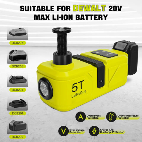 Cordless 5 Ton Hydraulic Floor Jack With 220W Motor LED Light And Remote For Easy Tire Swaps On SUVs Sedans MPVs And Trucks Compatible With DeWalt 20V Max Batteries Battery Not Included displayed with battery compatibility options.