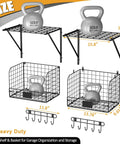 Two Pack Wall Mounted Garage Shelves With Wire Baskets And Hooks Heavy Duty Tool Organizer featuring dimensions and design