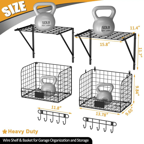 Two Pack Wall Mounted Garage Shelves With Wire Baskets And Hooks Heavy Duty Tool Organizer featuring dimensions and design