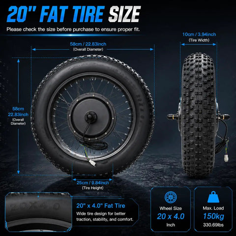 20-inch fat tire for 48V 1500W Electric Bicycle Conversion Kit with dimensions and weight capacity details.