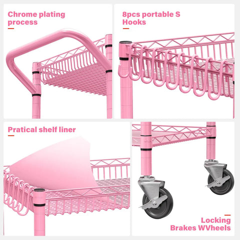 Chrome plated handle and S hooks detail on Built Tough Pink Rolling Cart Three Tier Heavy Duty Metal Utility Shelf.