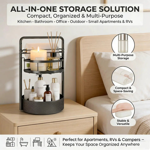 Black Rotating Spice Rack With Paper Towel Holder, 2 Tier Lazy Susan on bedroom nightstand, non slip turntable.