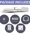 FIREGAS 30-inch under-cabinet stainless range hood; package includes screws, recirculation sheet, air outlet.
