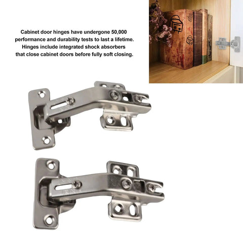 Image of two Soft Closing Cabinet Hinges 135 Degree with 3D Adjustable Plated Steel, showcasing installation on wooden cabinet.