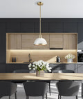 Dope Modern Glam 1 Light Pendant Light With Matte White Finish And Brass Accents in a sleek kitchen setting.