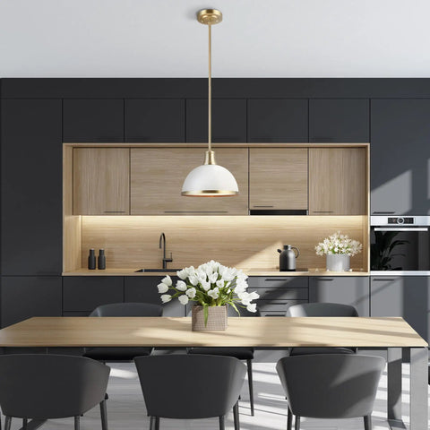 Dope Modern Glam 1 Light Pendant Light With Matte White Finish And Brass Accents in a sleek kitchen setting.
