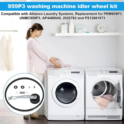Woman in laundry room with 959P3 Washer Idler Pulley Kit Replacement with idler lever assembly and parts shown in inset