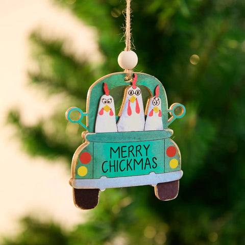 Chickmas Farmhouse Style 3D Wooden Christmas Ornament Four Inch Hanging Chicken Decor with Merry Chickmas text on tree