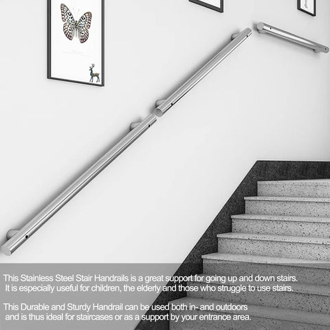 Rock Solid Wall Mounted Stainless Steel Stair Railing featuring secure grip, installed on a wall alongside stairs, ideal for support.